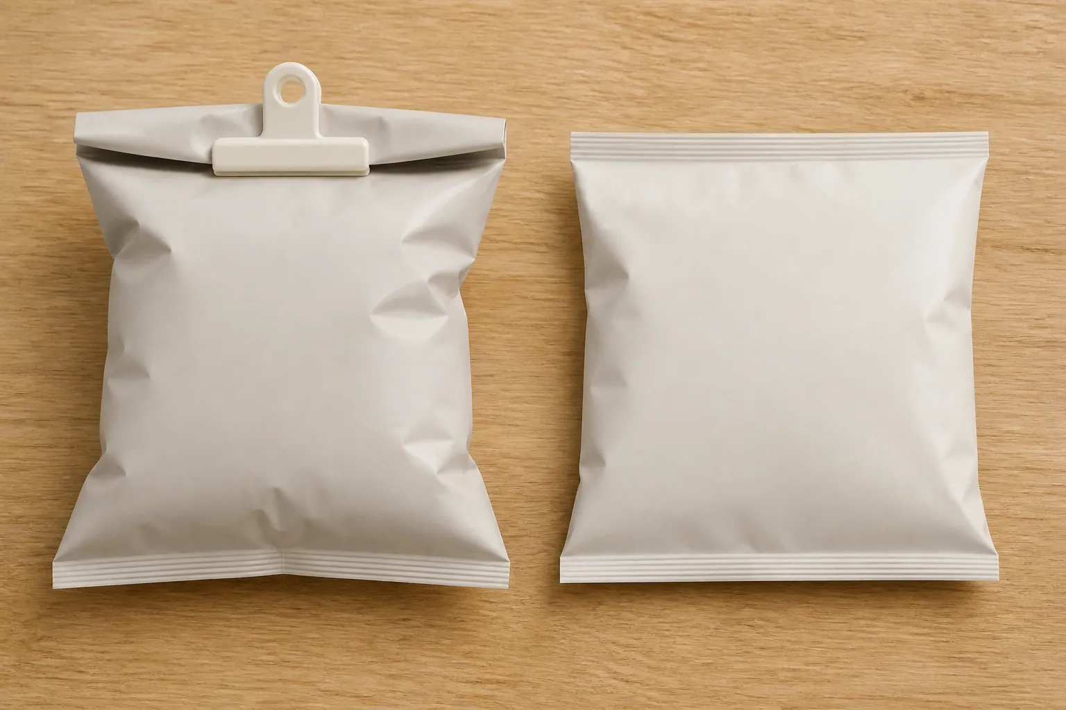 Two identical bags side by side: one folded over and pinched with a plastic clip, one closed with a flat welded strip across the top