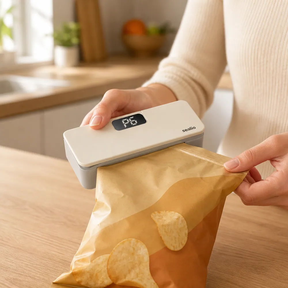 Sealio sealing the top of a crisp packet closed