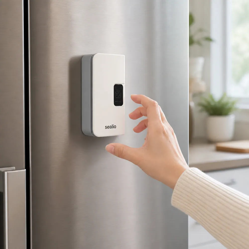 Sealio held flat against a stainless steel fridge door by its magnetic back