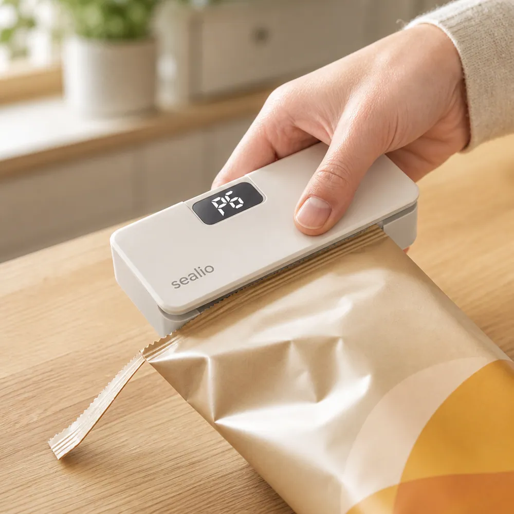 The built-in blade taking a clean strip off the top of a sealed bag