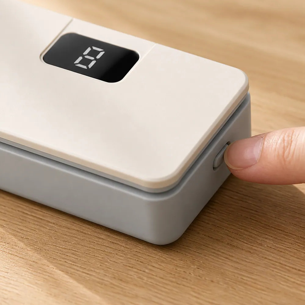 The digital display showing the selected heat setting, with a fingertip on the side button